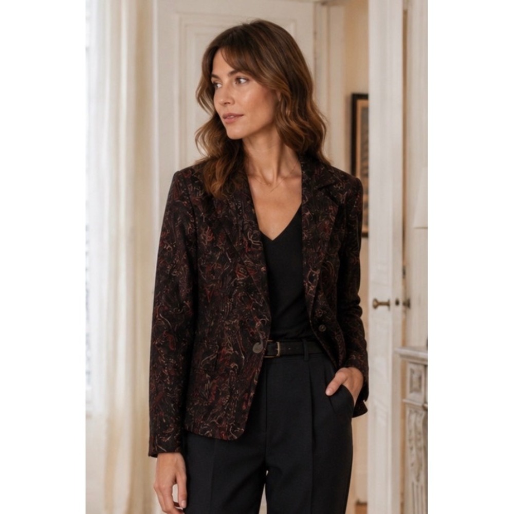 Vintage Brown Burgundy Paisley Corduroy Blazer Jacket Size Medium Retro Y2K